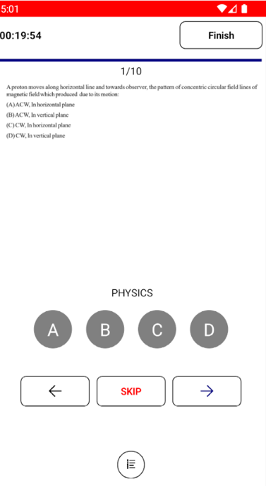 The KSAT app showing a physics question and a timer