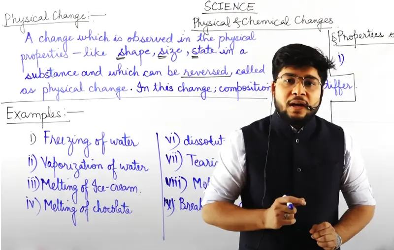 A Konale teacher explaining physical and chemical changes at the whiteboard